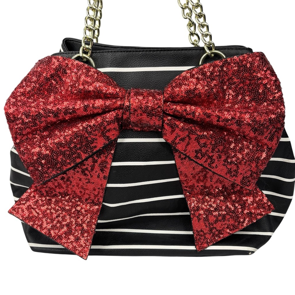 Betsey Johnson Black & White Stripe Red Sequin Glitter Bow Snap Close Tote Purse - Picture 2 of 13